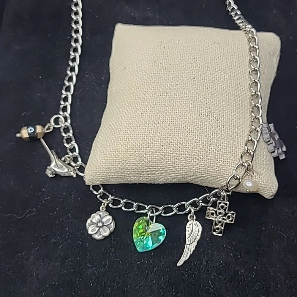 Charm Necklace Silver Tone Heart Pearl Cross Bird Angel Wing Flower Lion Fashion - Picture 3 of 7